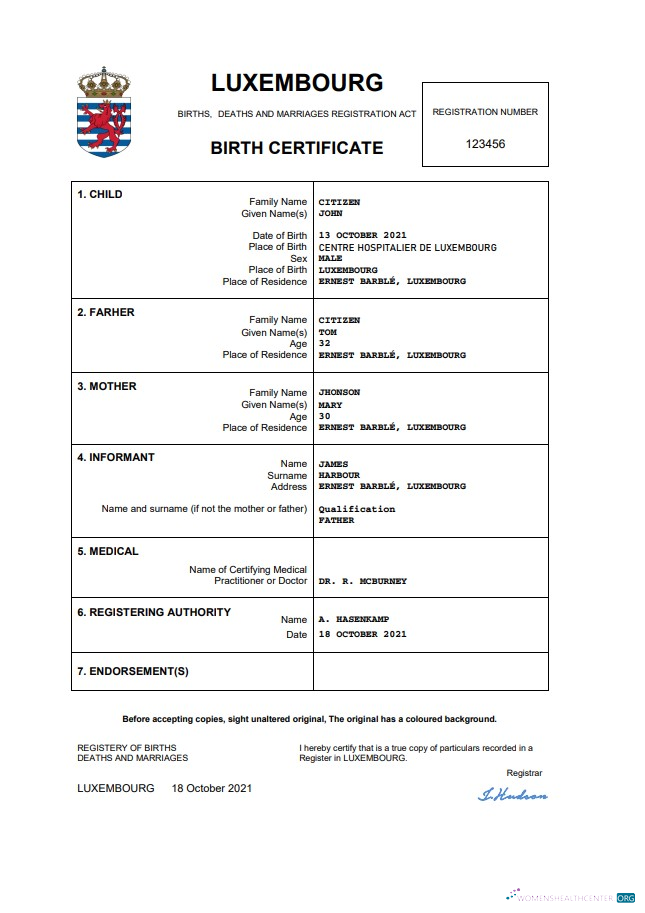 Download Luxembourg birth certificate Word and PDF template Photoshop template